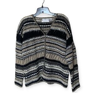 LeModa Knitwear Hand Crochet Black & Tan Stripe Cardigan Sweater Size Large